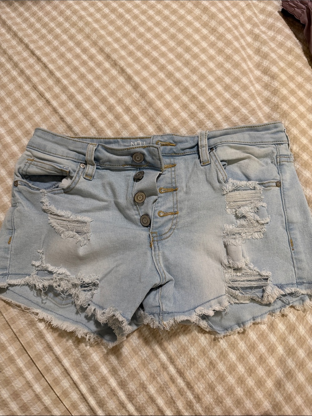 No Boundaries Light Blue Distressed Denim Button-Fly Shorts